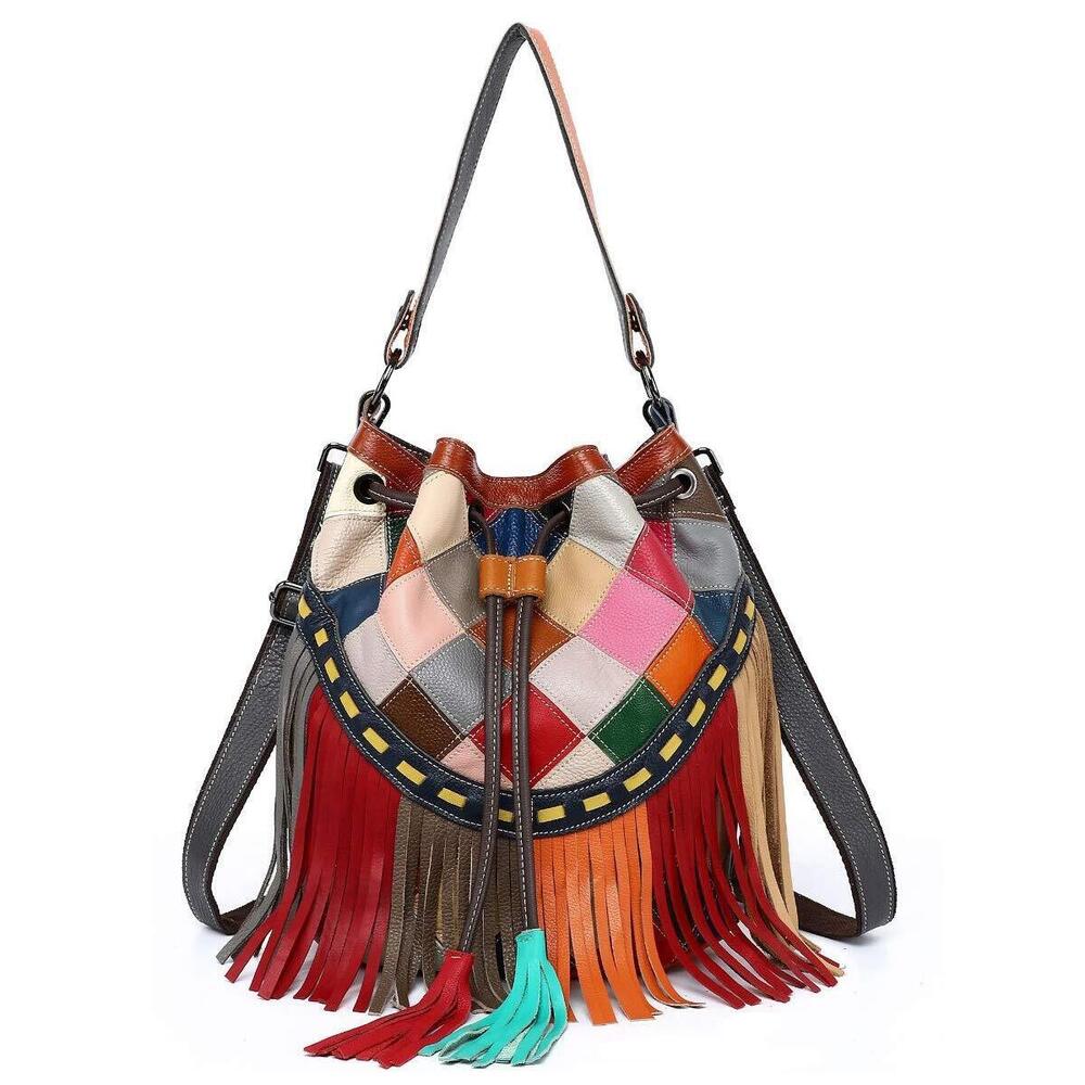 7834 Large Multicolor Bucket Bag Leather Shoulder Bag Colorful Splicing